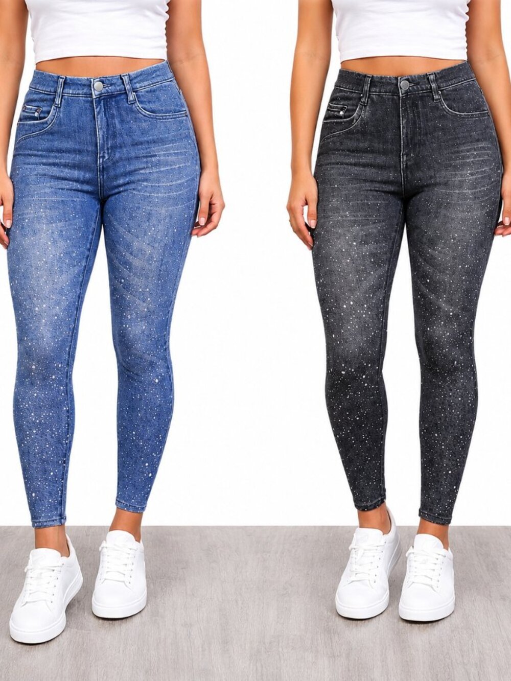 Women’s High-Waisted Sparkle Denim-Look Leggings – Stretch Skinny Pants in Blue